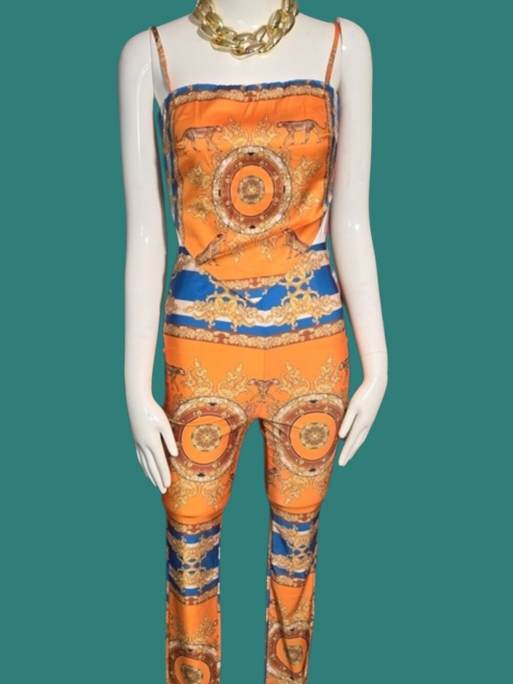 Orange Baroque Print Satin Jumpsuit